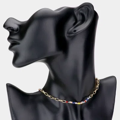 Fashnzfab Faceted Bead Open Metal Oval Link Necklace In Black