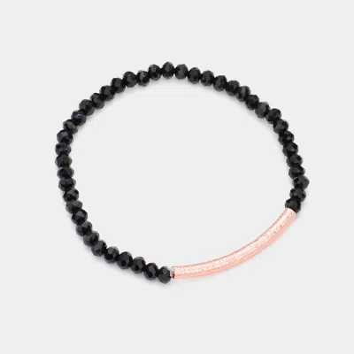 Fashnzfab Faceted Bead Textured Metal Accented Stretch Bracelet Black, Rose Gold