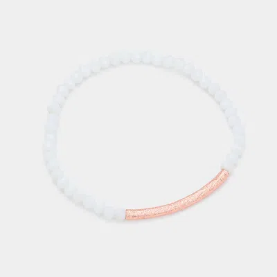 Fashnzfab Faceted Bead Textured Metal Accented Stretch Bracelet Rose Gold, White In Multi