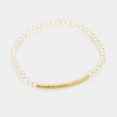 Fashnzfab Faceted Bead Textured Metal Accented Stretch Braceletn Clear, Worn Gold In Multi