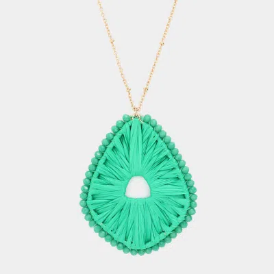 Fashnzfab Faceted Bead Trimmed Woven Raffia Pendant Long Necklace In Gold