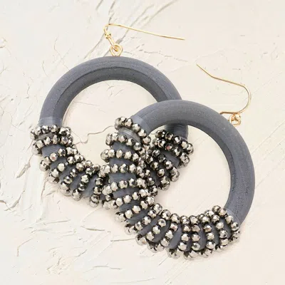 Fashnzfab Faceted Bead Wrapped Open Wood Circle Dangle Earrings In Gray