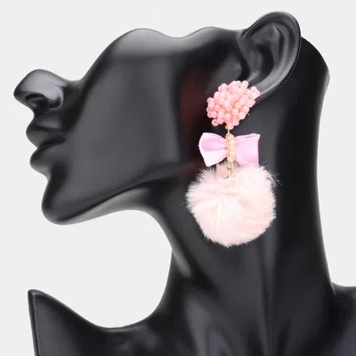 Fashnzfab Faceted Beaded Bow Pointed Pom Pom Dangle Earrings In Pink