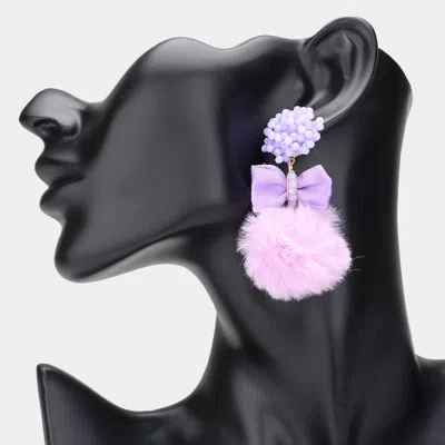 Fashnzfab Faceted Beaded Bow Pointed Pom Pom Dangle Earrings In Purple