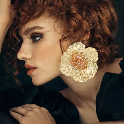 Fashnzfab Faceted Beaded Center Bold Flower Statement Earrings Lt Col Topaz In Gold