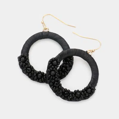 Fashnzfab Faceted Beaded Flower Raffia Wrapped Circle Dangle Earrings - Black, Gold