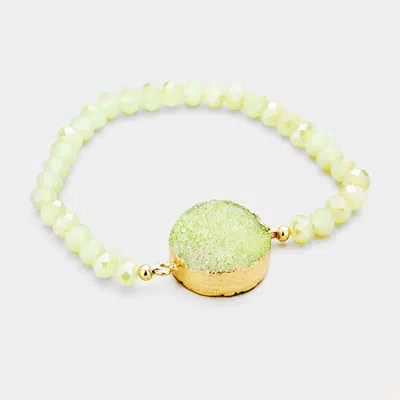 Fashnzfab Faceted Beaded Genuine Round Druzy Detail Stretch Bracelet In Green
