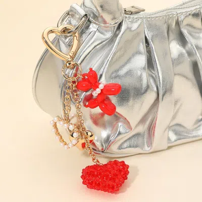 Fashnzfab Faceted Beaded Heart Accent Pearl Balloon Dog Charm Embellished Keychain Bag Charm In Brown