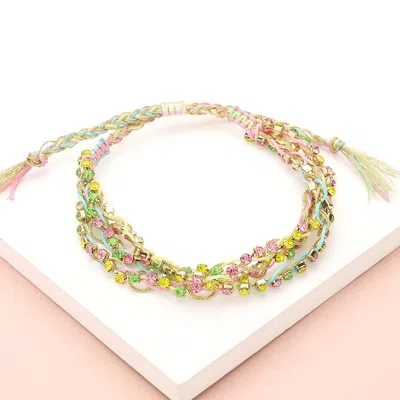 Fashnzfab Faceted Beaded Layered Adjustable Cinch Pull Tie Bracelet Gold, Multi In Green