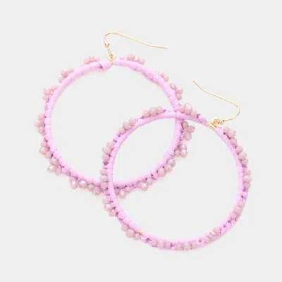 Fashnzfab Faceted Beaded Pointed Raffia Wrapped Open Circle Dangle Earrings - Lavender In Purple