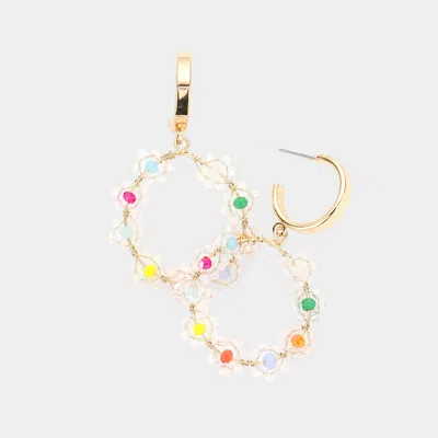 Fashnzfab Faceted Beads Flower Embellished Circle Metal Wire Dangle Earrings In Gold