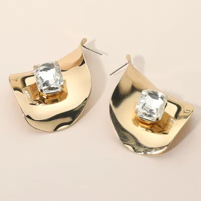 Fashnzfab Faceted Center Stone Accent Sculpted Wave Metal Plate Earrings In Gold