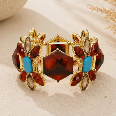 Fashnzfab Faceted Hexagon Floral Stretch Bracelets In Multi