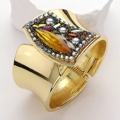 Fashnzfab Faceted Marquise Stone Embellished Statement Bangle Hinged Bracelet Brown, Gold In Multi
