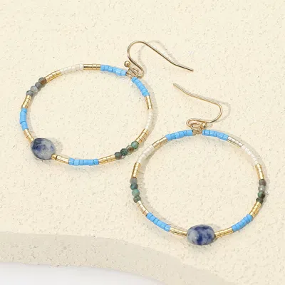 Fashnzfab Faceted Oval Bead Accent Heishi Beaded Open Ring Dangle Earrings - Gold, Light Blue In Multi