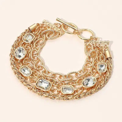 Fashnzfab Faceted Oval Rectangular Stone Cluster Link Accent Chunky Metal Chain Layered Bracelet Gold