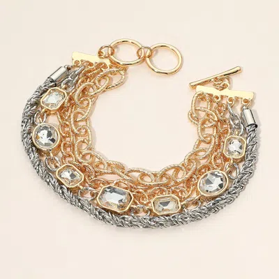 Fashnzfab Faceted Oval Rectangular Stone Cluster Link Accent Chunky Metal Chain Layered Bracelet Gold, Rhodium In Multi