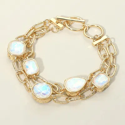 Fashnzfab Faceted Oval Teardrop Rectangular Stone Cluster Link Metal Chain Layered Bracelet In Gold