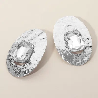 Fashnzfab Faceted Rectangle Center Stone Accent Hammered Oval Metal Plate Earrings In Metallic