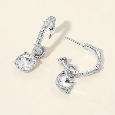 Fashnzfab Faceted Square Stone Cluster Drop Textured Hoop Earrings In Silver