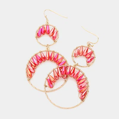Fashnzfab Faceted Teardrop Bead Wrapped Double Open Metal Circle Link Dangle Earrings In Red