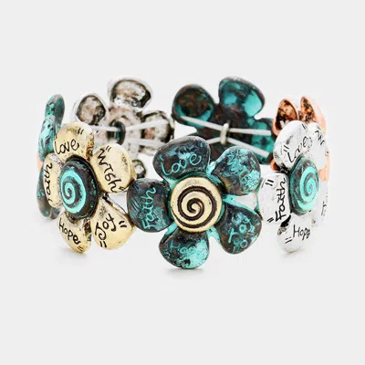 Fashnzfab Faith Hope Love Joy Wish Metal Flower Stretch Bracelet - Multi, Patina Verdigris