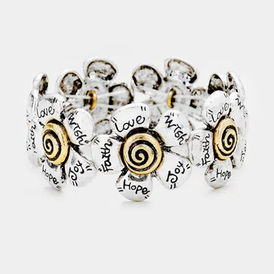 Fashnzfab Faith Hope Love Joy Wish Metal Flower Stretch Bracelet - Silver Burnished, Gold Burnished In Metallic