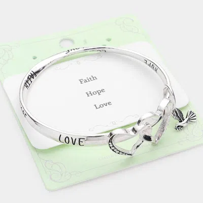 Fashnzfab Faith Hope Love Metal Double Open Heart Accented Bird Charm Message Bangle Bracelet Antique Silver In Multi