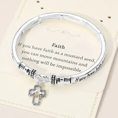 Fashnzfab Faith Inspirational Religious Message Cross Charm Stretch Bangle Bracelet In Metallic