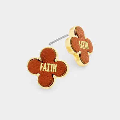 Fashnzfab Faith Leather Quatrefoil Clover Stud Earring In Brown