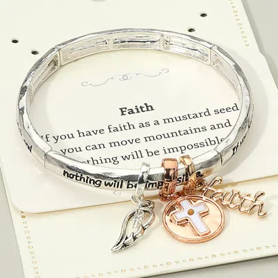 Fashnzfab Faith Message Cross Medal Angel Wing Charm Stretch Bracelet In Metallic