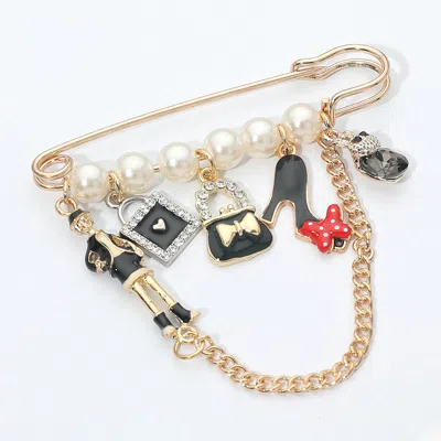 Fashnzfab Fashion Charm Chain Drop Pearl Safety Pin Brooch In Gold