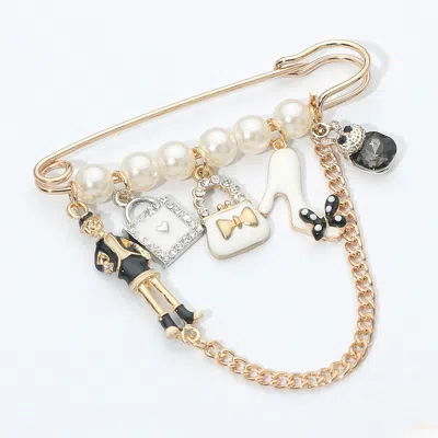 Fashnzfab Fashion Charm Chain Drop Pearl Safety Pin Brooch In Gold