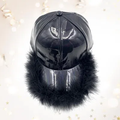 Fashnzfab Faux Feather Trimmed Hologram Baseball Cap In Black