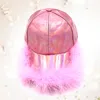 Fashnzfab Faux Feather Trimmed Hologram Baseball Cap In Pink