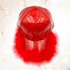 Fashnzfab Faux Feather Trimmed Hologram Baseball Cap In Red