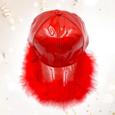 Fashnzfab Faux Feather Trimmed Hologram Baseball Cap In Red