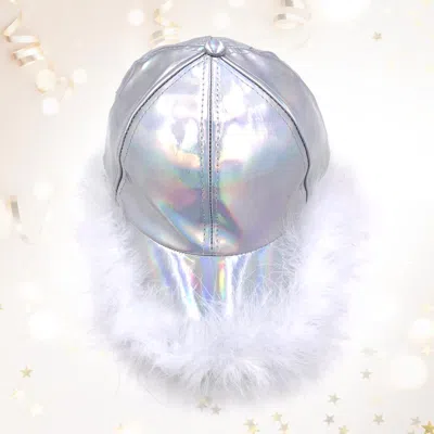 Fashnzfab Faux Feather Trimmed Hologram Baseball Cap In Silver