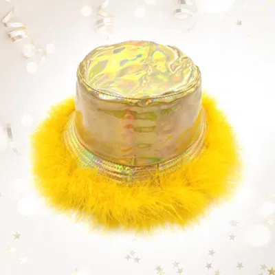 Fashnzfab Faux Feather Trimmed Hologram Bucket Hat In Gold