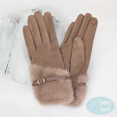 Fashnzfab Faux Fur And Strap Cuff Smart Touch Gloves In Gray