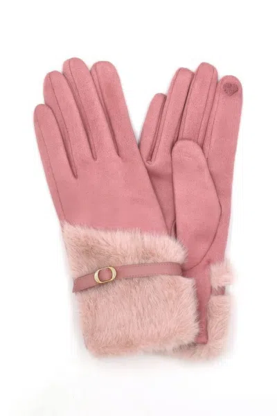 Fashnzfab Faux Fur And Strap Cuff Smart Touch Gloves. In Pink
