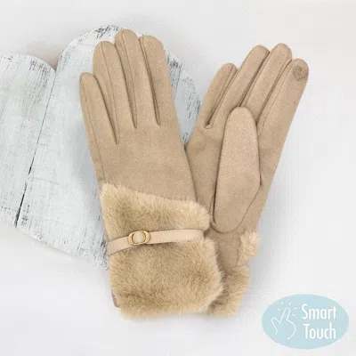 Fashnzfab Faux Fur And Strap Cuff Smart Touch Gloves In Sand