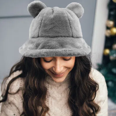 Fashnzfab Faux Fur Bear Ear Bucket Hat In Gray