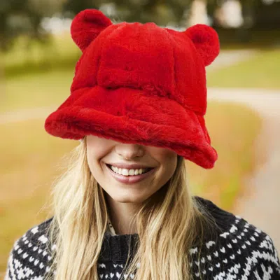 Fashnzfab Faux Fur Bear Ear Bucket Hat In Red