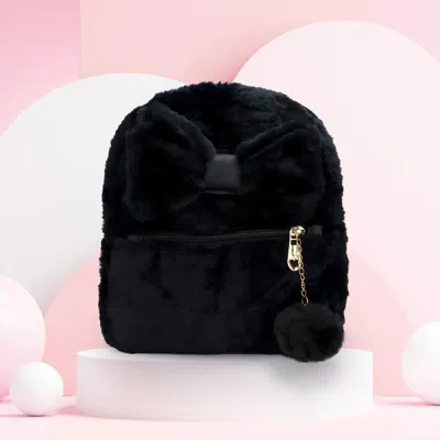 Fashnzfab Faux Fur Bow Pom Pom Pointed Plush Mini Backpack In Black