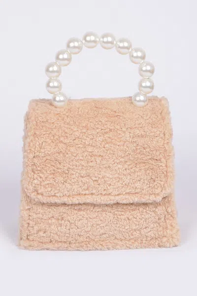 Fashnzfab Faux Fur Clutch With Pearl Handle In Beige