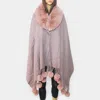 Fashnzfab Faux Fur Collar And Pom Pom Dangle Poncho In Purple