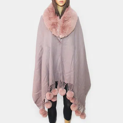 Fashnzfab Faux Fur Collar And Pom Pom Dangle Poncho In Purple