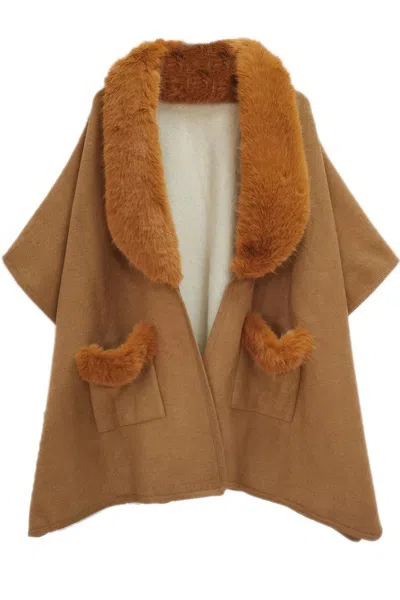 Fashnzfab Faux Fur Collar Kimono In Brown