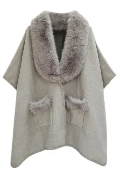 Fashnzfab Faux Fur Collar Kimono In Grey